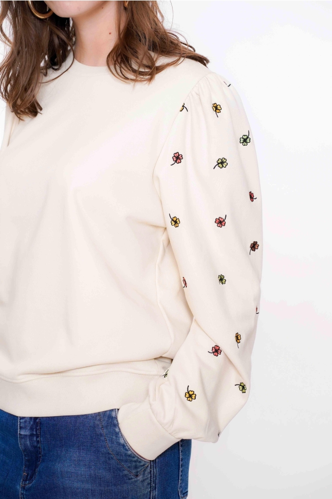SWEATER MET GEBORDUURDE BLOEMENMOTIEF 52080 21 Sand/Green combi